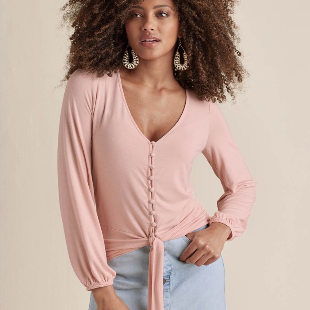 Venus Light Pink Long Sleeve Top w/ Buttons down front & Tie front. Size L